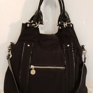 DONALD PLINER BLACK PATENT LEATHER+NYLON TOTE BAG